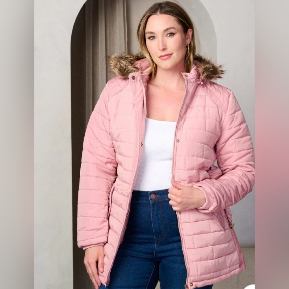 PLUS SIZE LONG SLEEVE ZIP UP POCKETS HOODED PUFFER JACKET